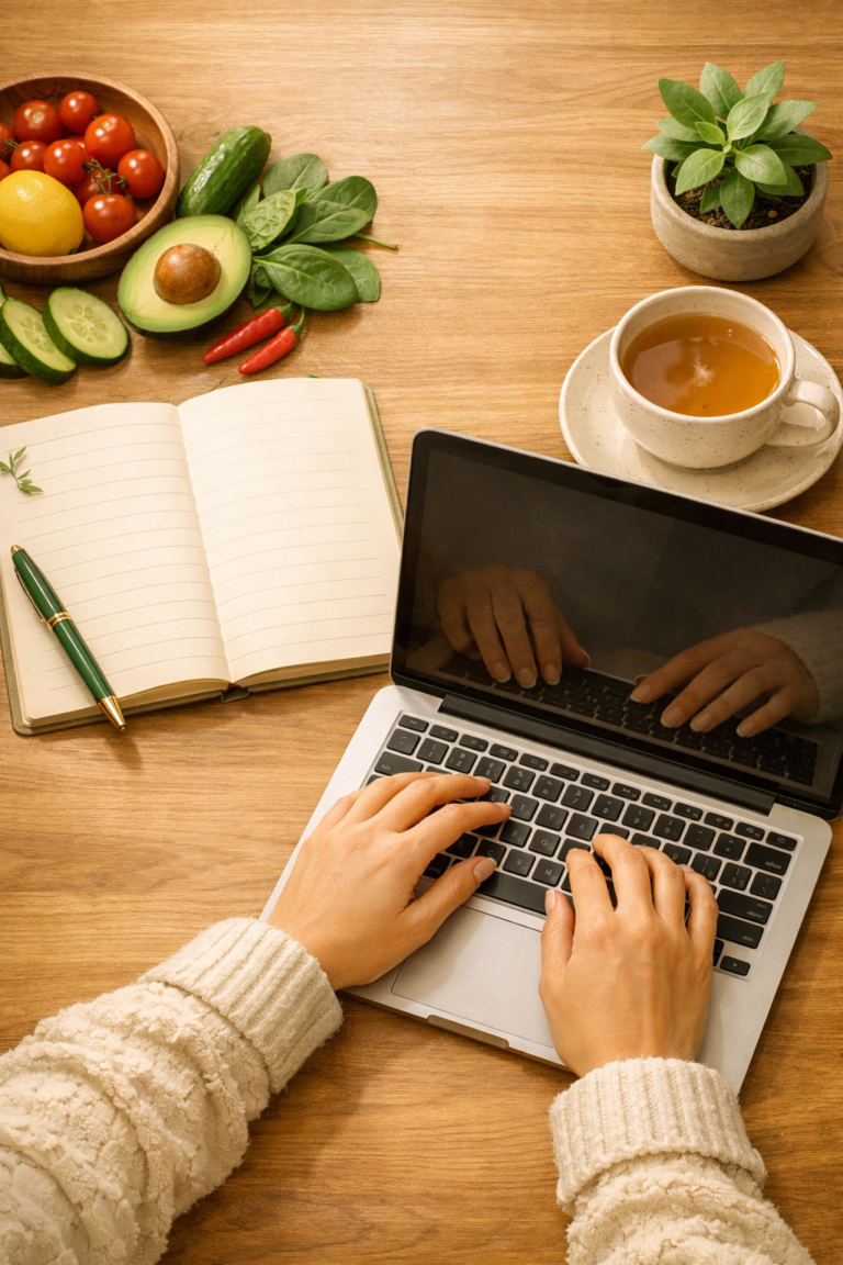 A woman's hands typing on a laptop beside an open meal plan notebook, fresh vegetables, and a cup of tea on a wooden desk — representing using AI to mindfully plan meals and organize everyday life at home.