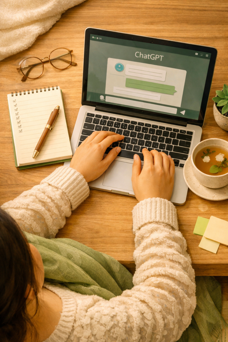 A woman typing into a ChatGPT chat interface on her laptop with three floating pastel note cards nearby representing the ACT Framework — Assign a Role, Give Context, and Target Output — illustrating how to write better AI prompts for real-life results.