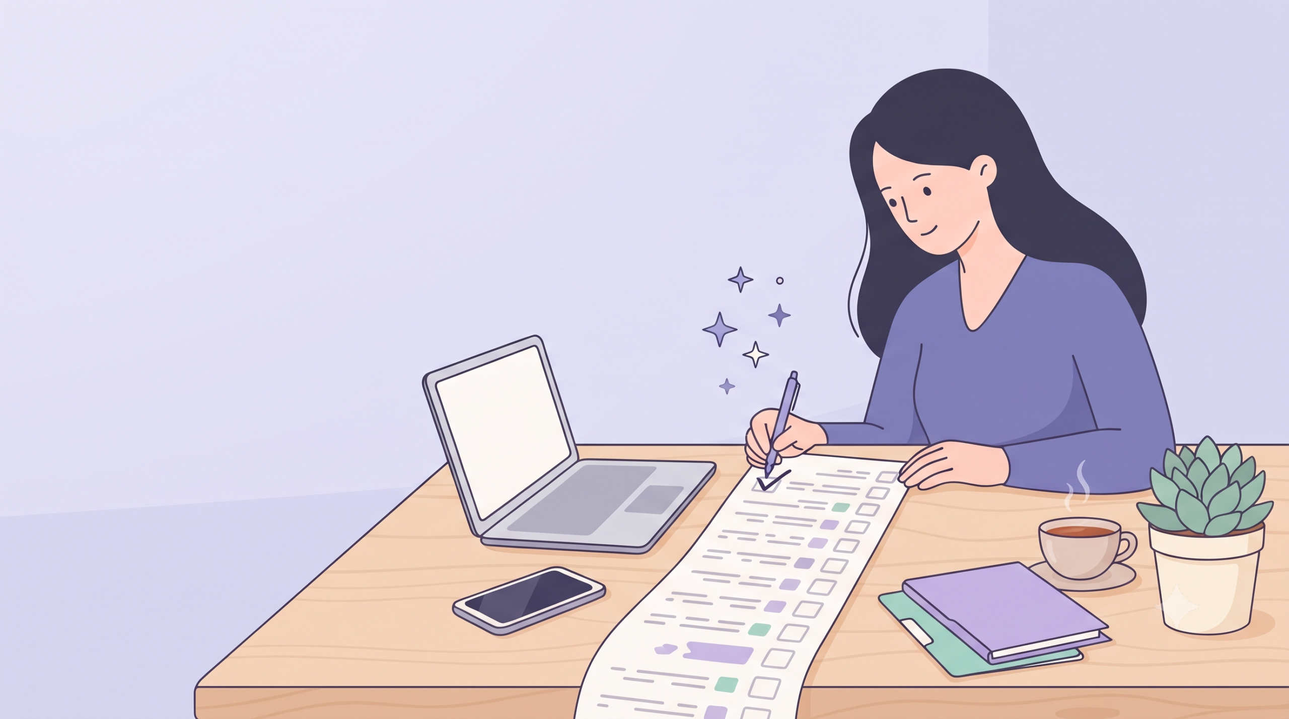 Woman checking off pending tasks on a life admin day with a laptop and a checklist
