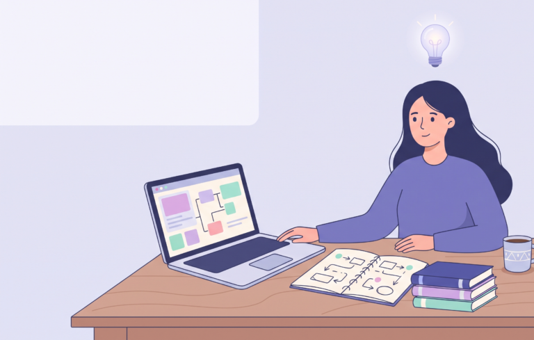 Woman building a learning plan with a laptop, notebook and online course
