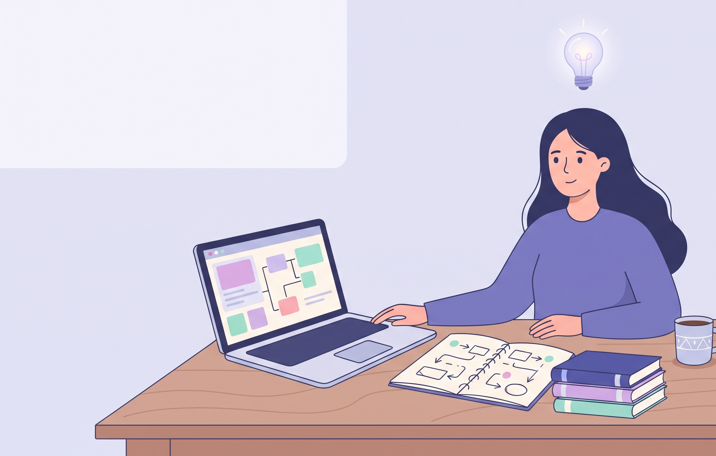 Woman building a learning plan with a laptop, notebook and online course