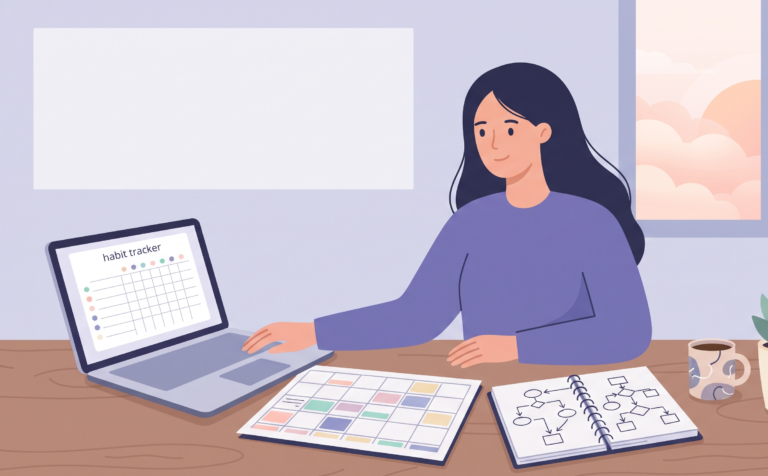 Woman turning her goals into systems with a habit tracker and weekly planner