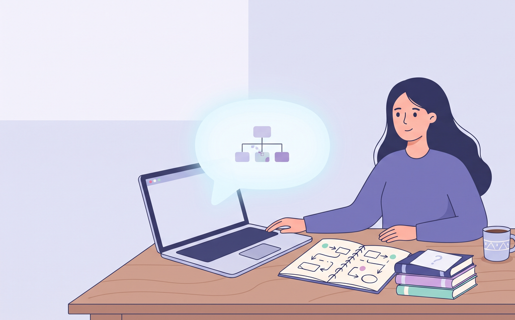 Woman building a learning plan with a laptop, notebook and online course