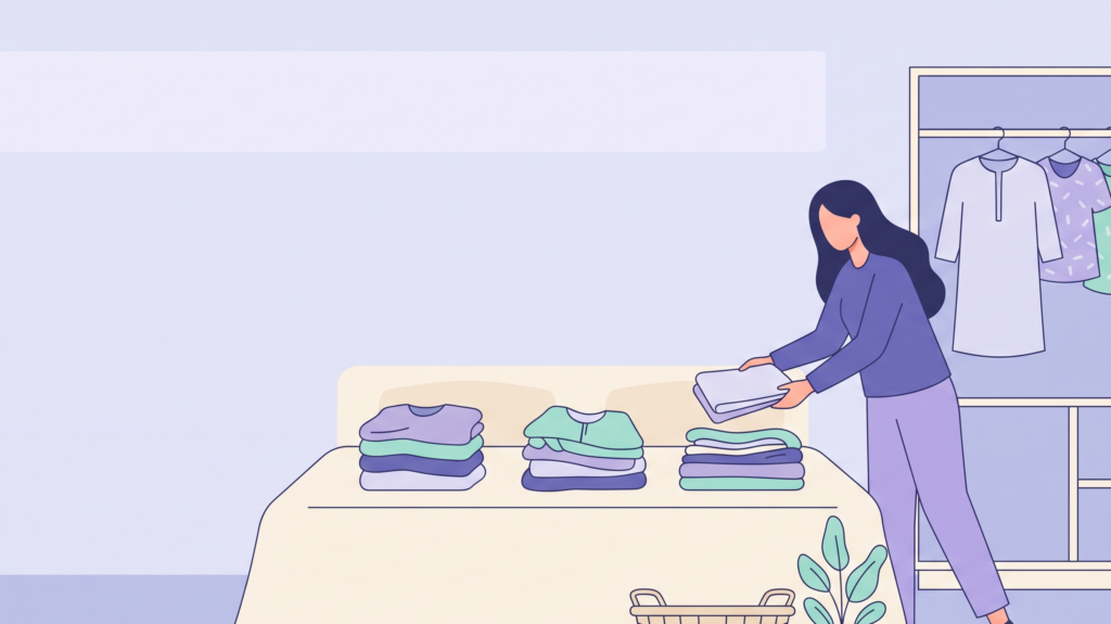 Woman doing a wardrobe reset by sorting clothes into keep and donate piles