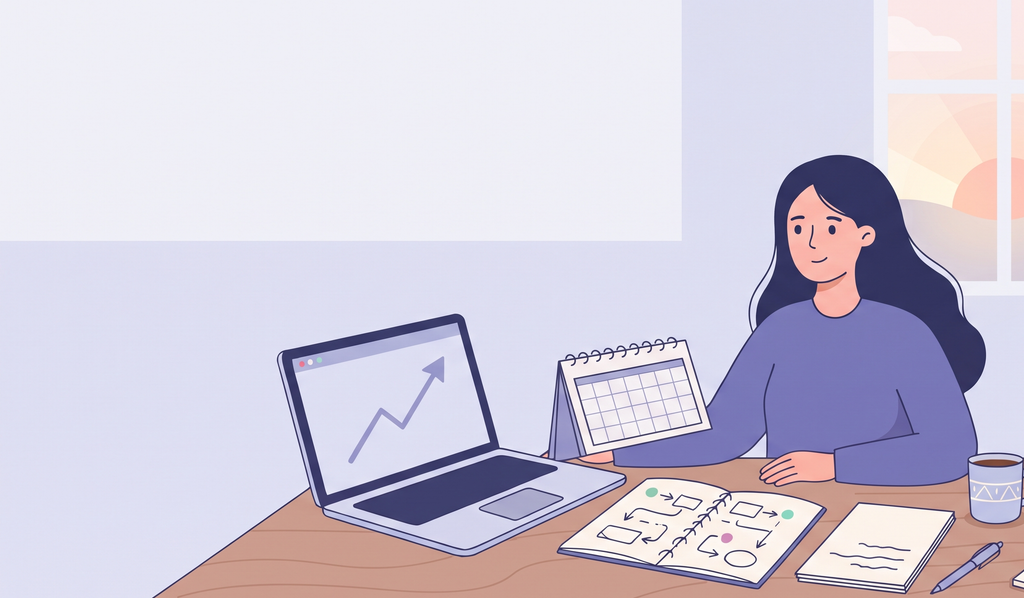 Woman doing a career and business reset with a planner, laptop and goal sketch