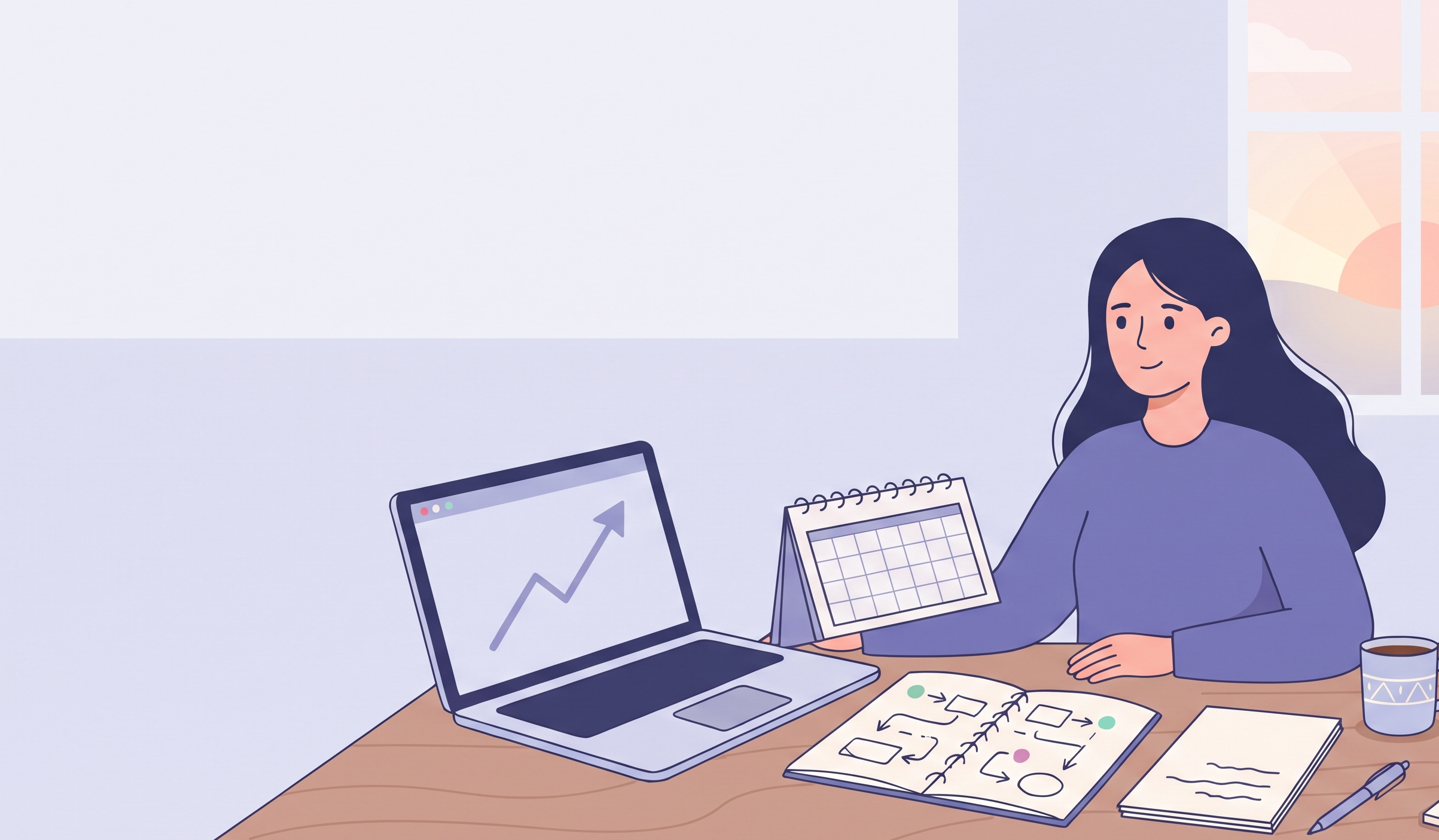 Woman doing a career and business reset with a planner, laptop and goal sketch