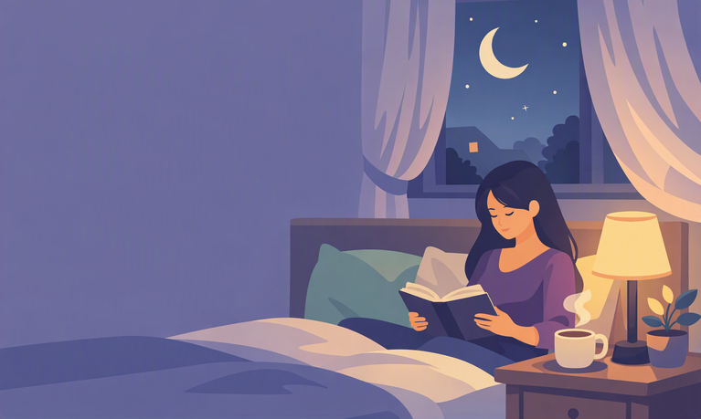 Woman winding down with a calm bedtime sleep routine in a cozy dim bedroom