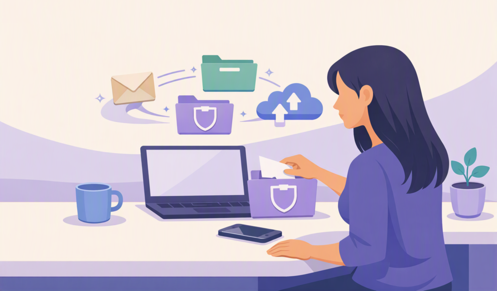 Woman doing a digital declutter on her laptop and phone at a tidy desk