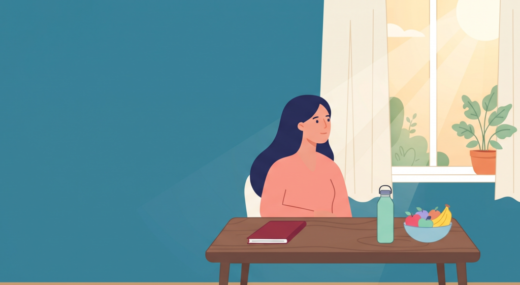 Woman planning a health reset with a notebook, water bottle and walking shoes