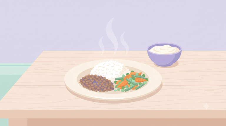 Simple home-cooked plate with rice, lentils, vegetables and curd as a default meal