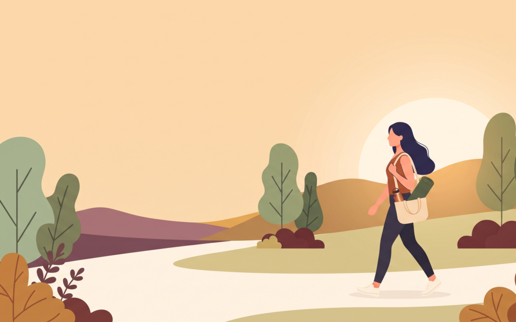 Woman starting a gentle movement routine with a morning walk and a yoga mat