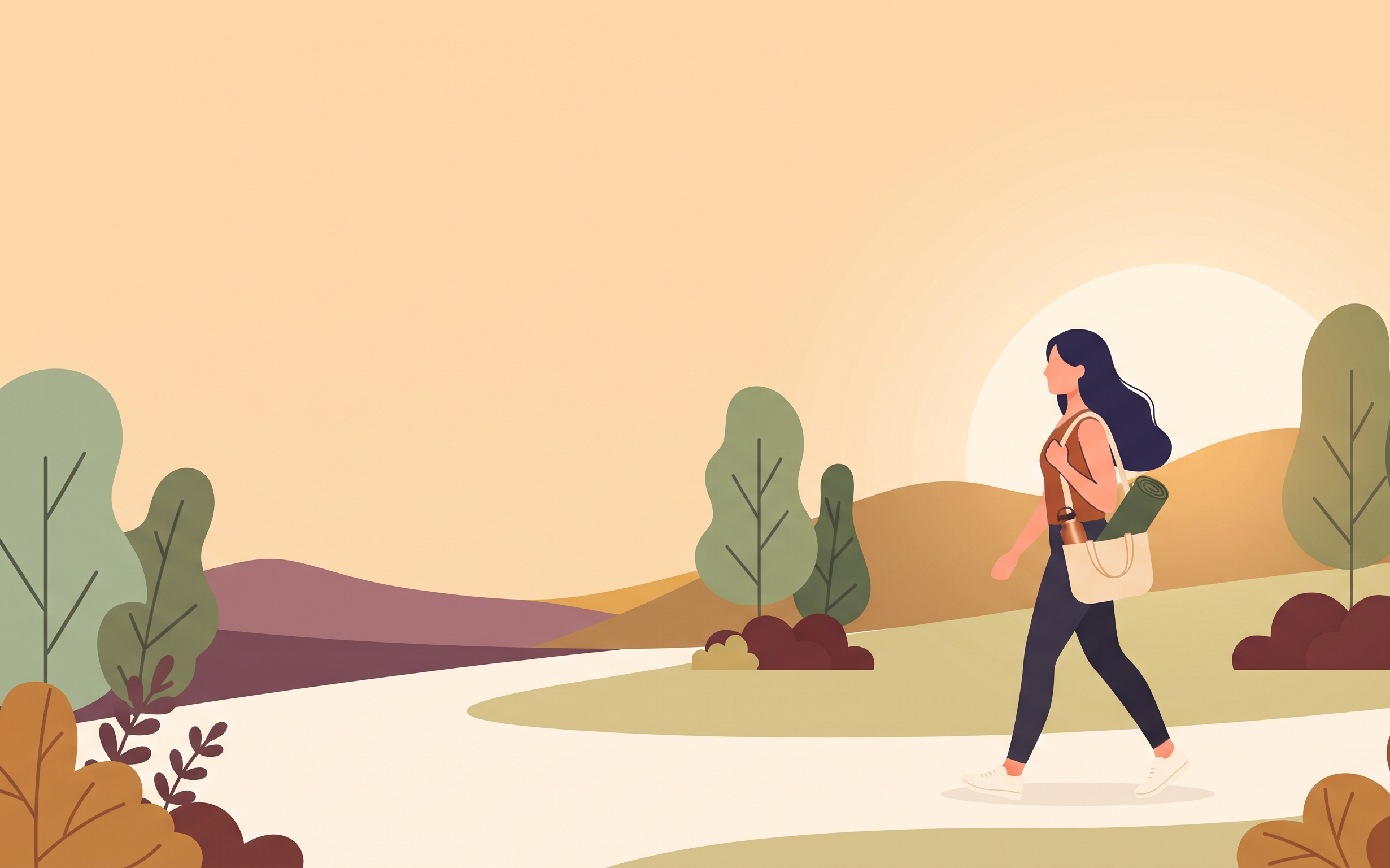 Woman starting a gentle movement routine with a morning walk and a yoga mat
