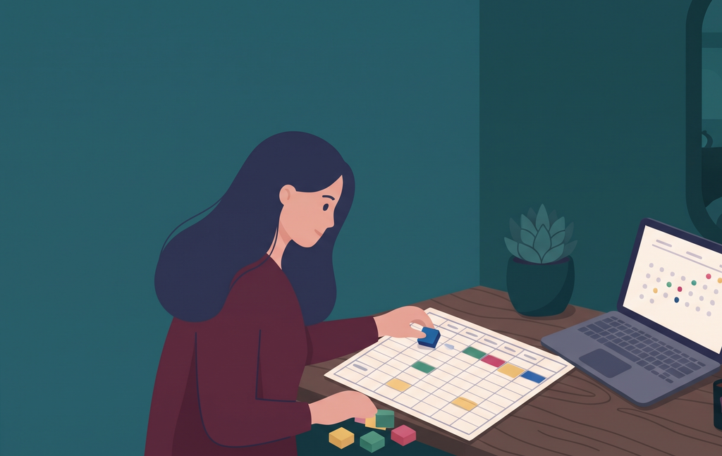 Woman building her ideal week with a colorful weekly planner and laptop