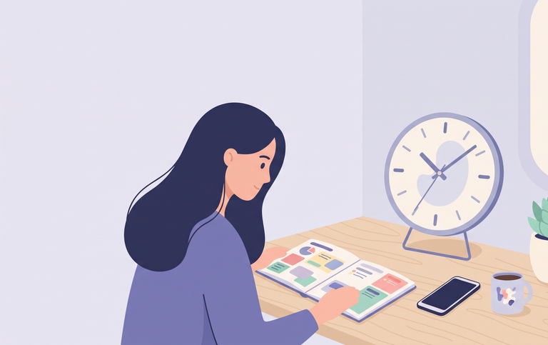 Woman doing a time audit by tracking her day in a planner with a clock beside her